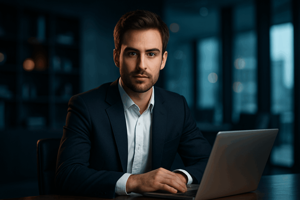 Advogado jovem usando terno escuro com laptop em escritório moderno — exemplo de uso de inteligência artificial para advogados e rotinas jurídicas.